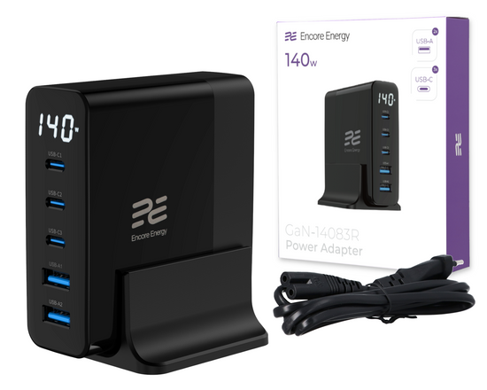 Nová síťová nabíječka Encore Energy GaN QC 4+ PD 3.0 USB-A x2 USB-C x3 140W GaN-14083R s displejem